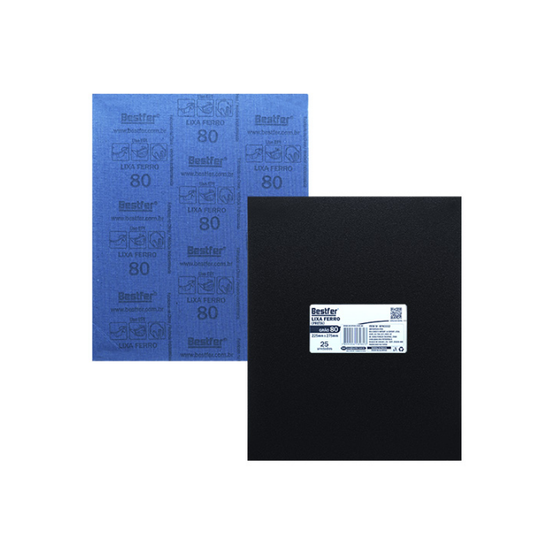 Lixa Ferro Preta 22,5 x 27,5 cm. Grão 080 - 25 folhas BFH3332 Bestfer