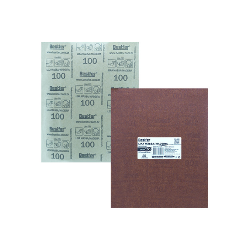 Lixa Massa/Madeira Vermelha 22,5 x 27,5 cm. Grão 100 - 25 folhas BFH3346 Bestfer