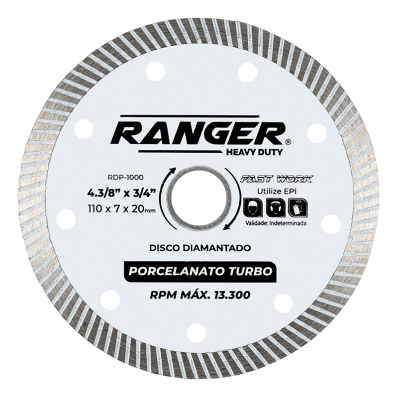 Disco de Corte Diamantado Porcelanato Turbo 4.3/8" x 7/8" 22,23 mm RDP-1000 Ranger