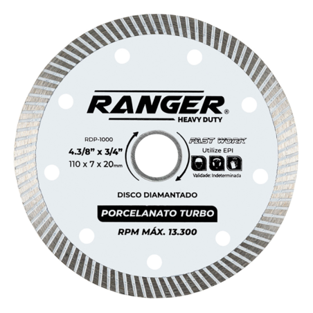 Disco de Corte Diamantado Porcelanato Turbo 4.3/8" x 7/8" 22,23 mm RDP-1000 Ranger