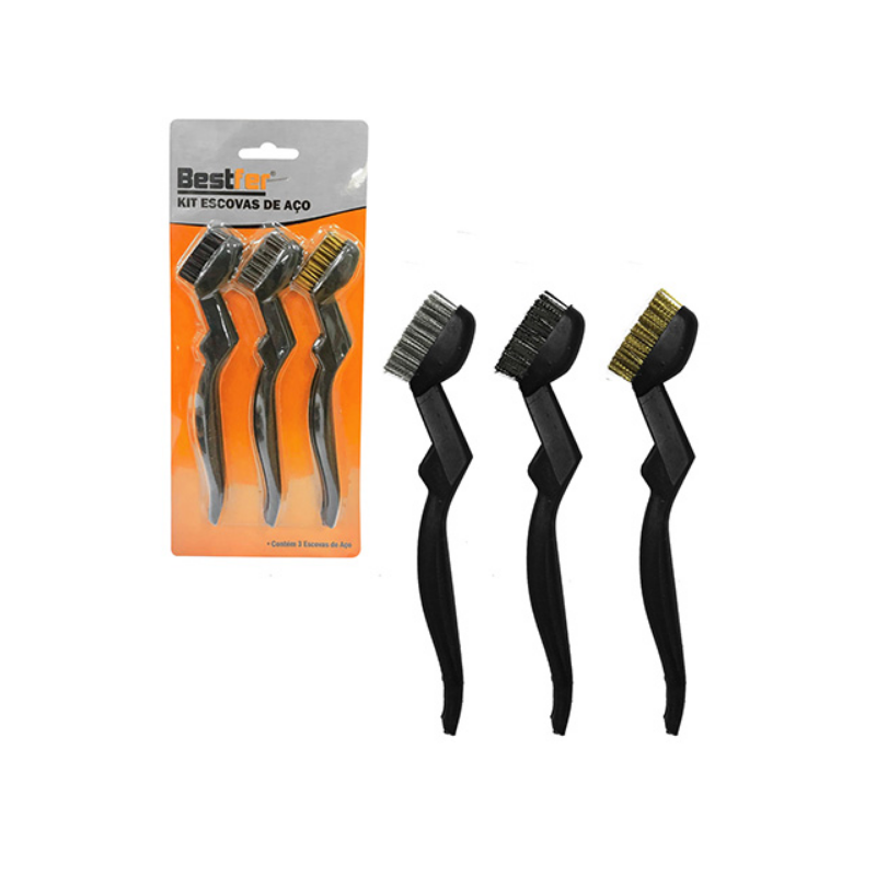 Escova de Aço Inox, Latão e Nylon com Cabo 16 cm. Kit 3 peças BFH1834 Bestfer