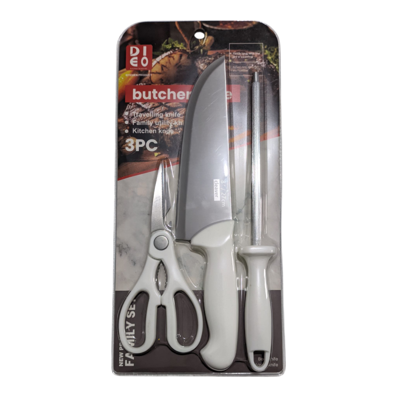 Faca Aço Inox 8" + Tesoura Trinchante + Chaira AKT3-24 Akita