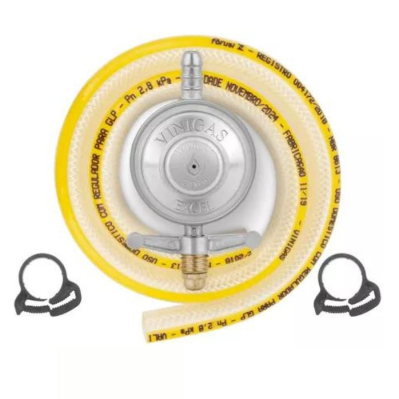 Regulador para Gás 2,8 kPa 1 Kg/h Kit Mangueira 1,25 m. e Abraçadeiras Vinigás