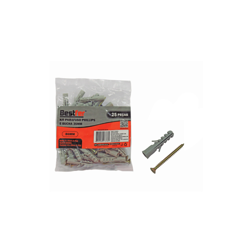 Kit Parafuso Phillips 3.5 x 35 mm. com Bucha 6 mm. 25 peças BFH0923 Bestfer