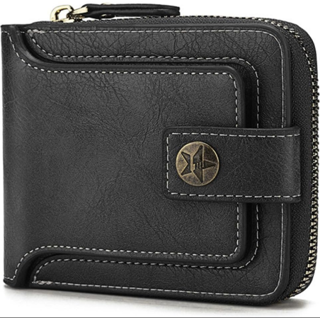 Carteira Couro Sintético com Zíper 12 x 10 x 2,5 cm. Preta
