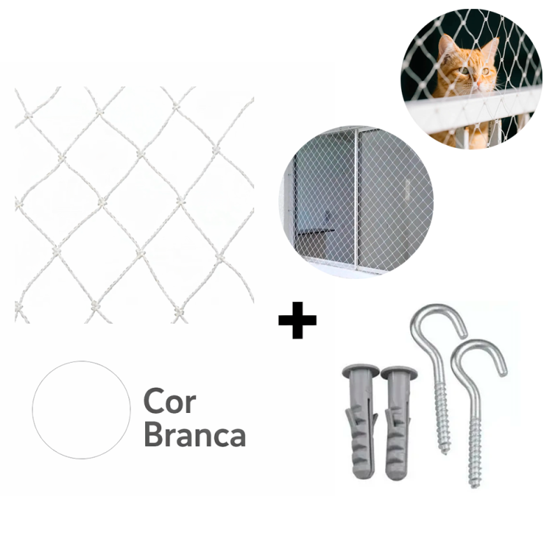 Rede de Segurança Kit 1,30 m. x 1,30 m. Corda 4 mm. 16 Ganchos e Buchas 8 mm. Branca