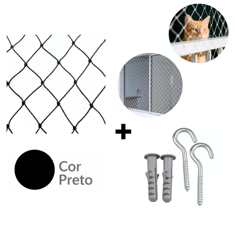 Rede de Segurança Kit 2,70 m. x 2,70 m. Corda 4 mm. 35 Ganchos e Buchas 8 mm. Preta
