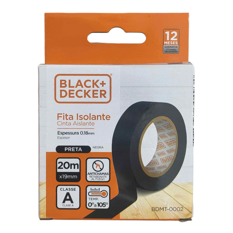 Fita Isolante 20 m. x 18 mm. Espessura 0.13 mm. Preta Blister Black+Decker