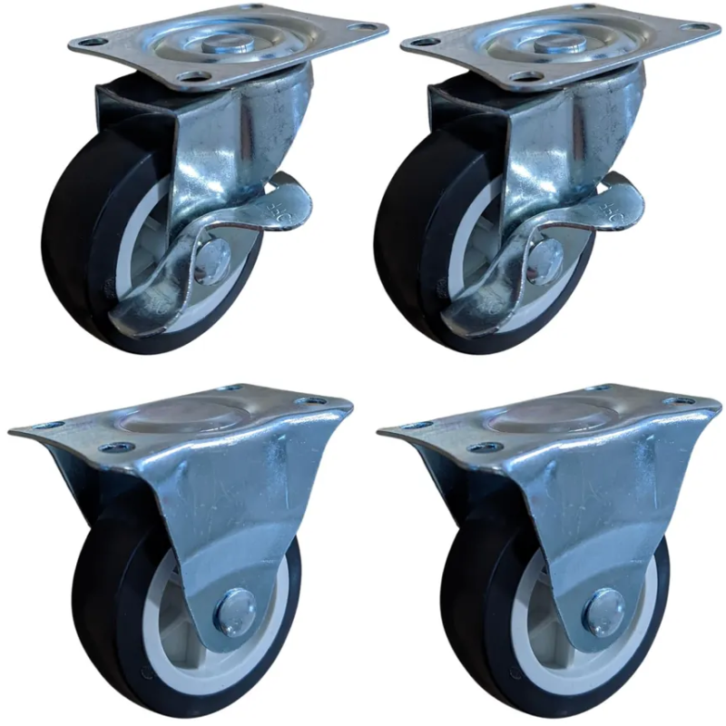 Rodas 2 giratórias com freio e 2 fixas - 7,5 cm. - 3" - em PU Macio ID-0114R Idea