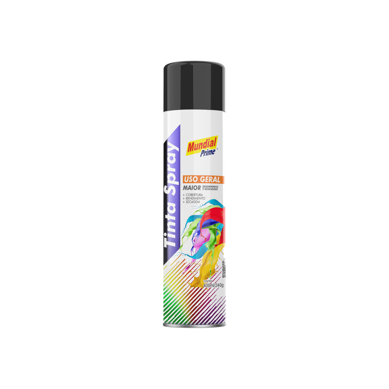 Tinta Spray 400ml. Preto Brilhante Mundial Prime