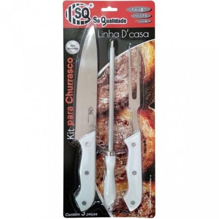 Kit para Churrasco Inox (Faca + Chaira + Garfo) Cabo Branco 3 peças SQ-2951